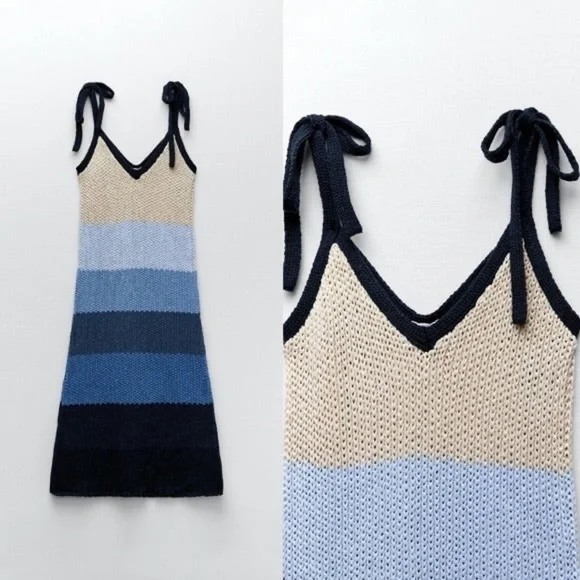 Zara Stripe Knit Midi Dress Tie Straps Blue Small - Picture 11 of 11